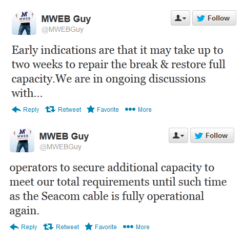 Seacom downtime tweet