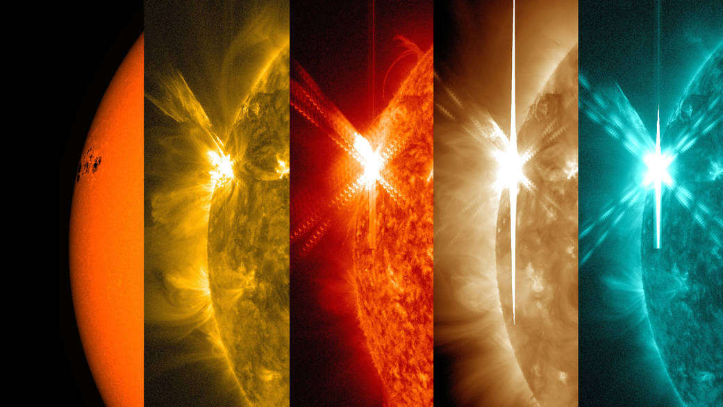 NASA's Solar Dynamics Observatory, which watches the sun constantly, captured these images of a significant solar flare – as seen in the bright flash on the left – peaking at 6:11 p.m. EDT on May 5, 2015. Each image shows a different wavelength of extreme ultraviolet light that highlights a different temperature of material on the sun.